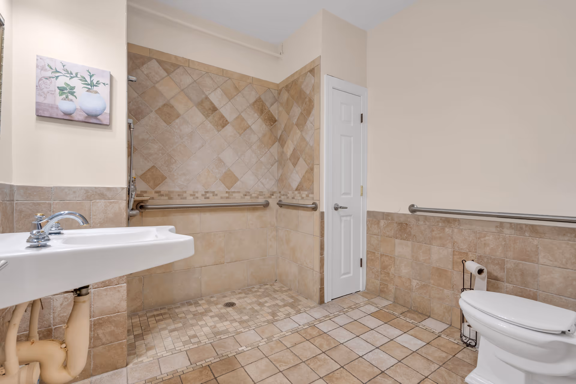 A spacious bathroom with beige and brown tiled walls and floor. It features a white sink with chrome faucets on the left, a walk-in shower area with grab bars, and a white toilet with a toilet paper holder on the right. There is a white door in the background and a framed picture of two potted plants on the wall above the sink.