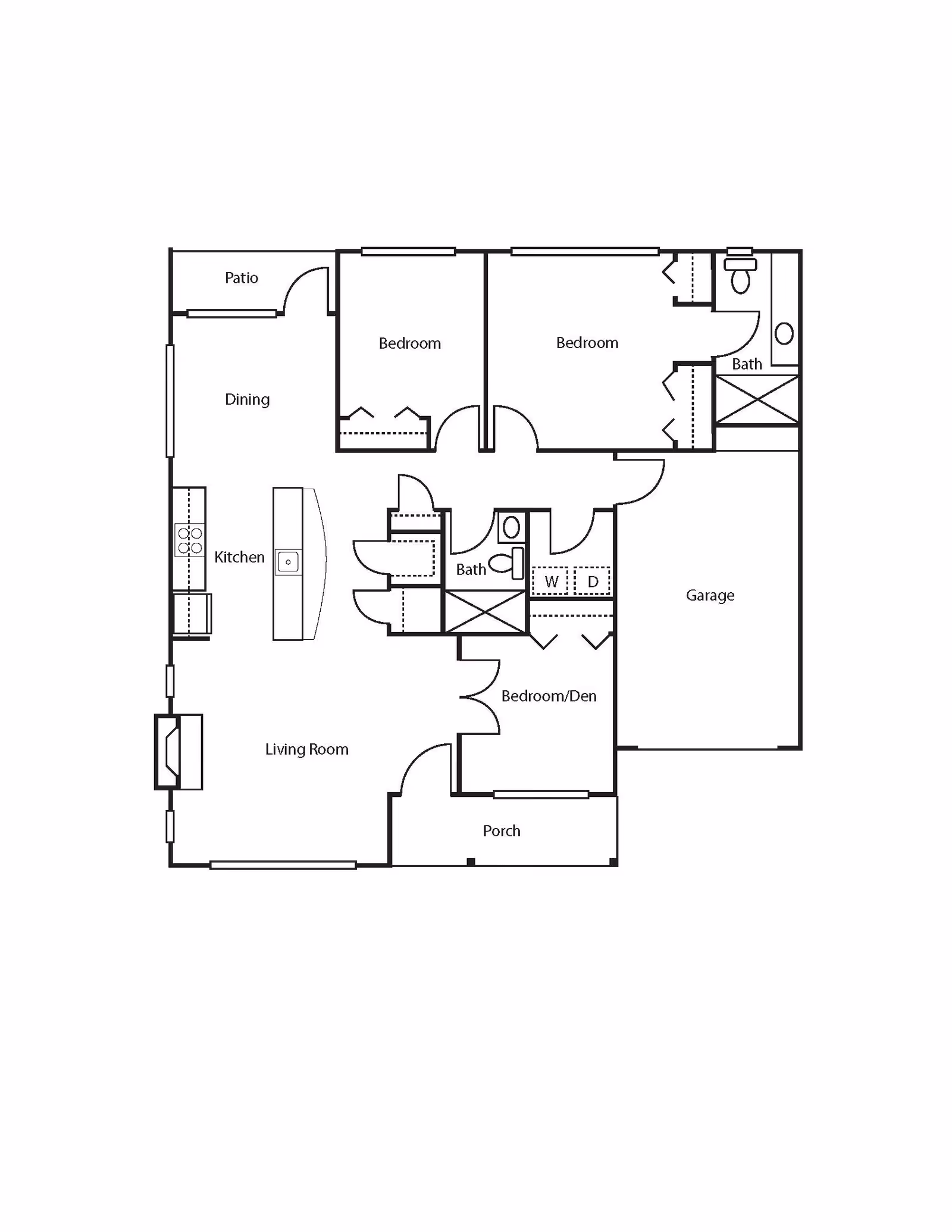 Architectural floor plan of a single-story home featuring a living room, kitchen, dining area, three bedrooms including one labeled as bedroom/den, two bathrooms, a porch, a patio, and a garage. The layout shows the placement of doors, windows, closets, and appliances including a washer and dryer.