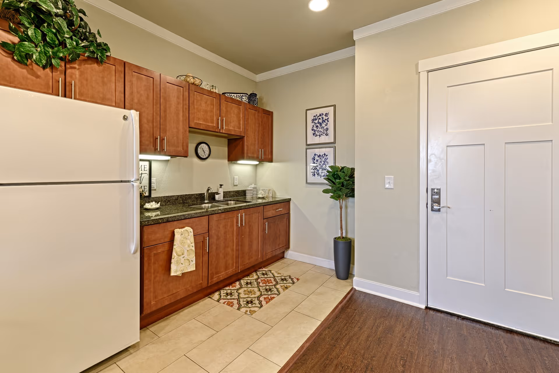 Small kitchen area with a white refrigerator, wooden cabinets, granite countertop and sink, a potted plant and an entry door.