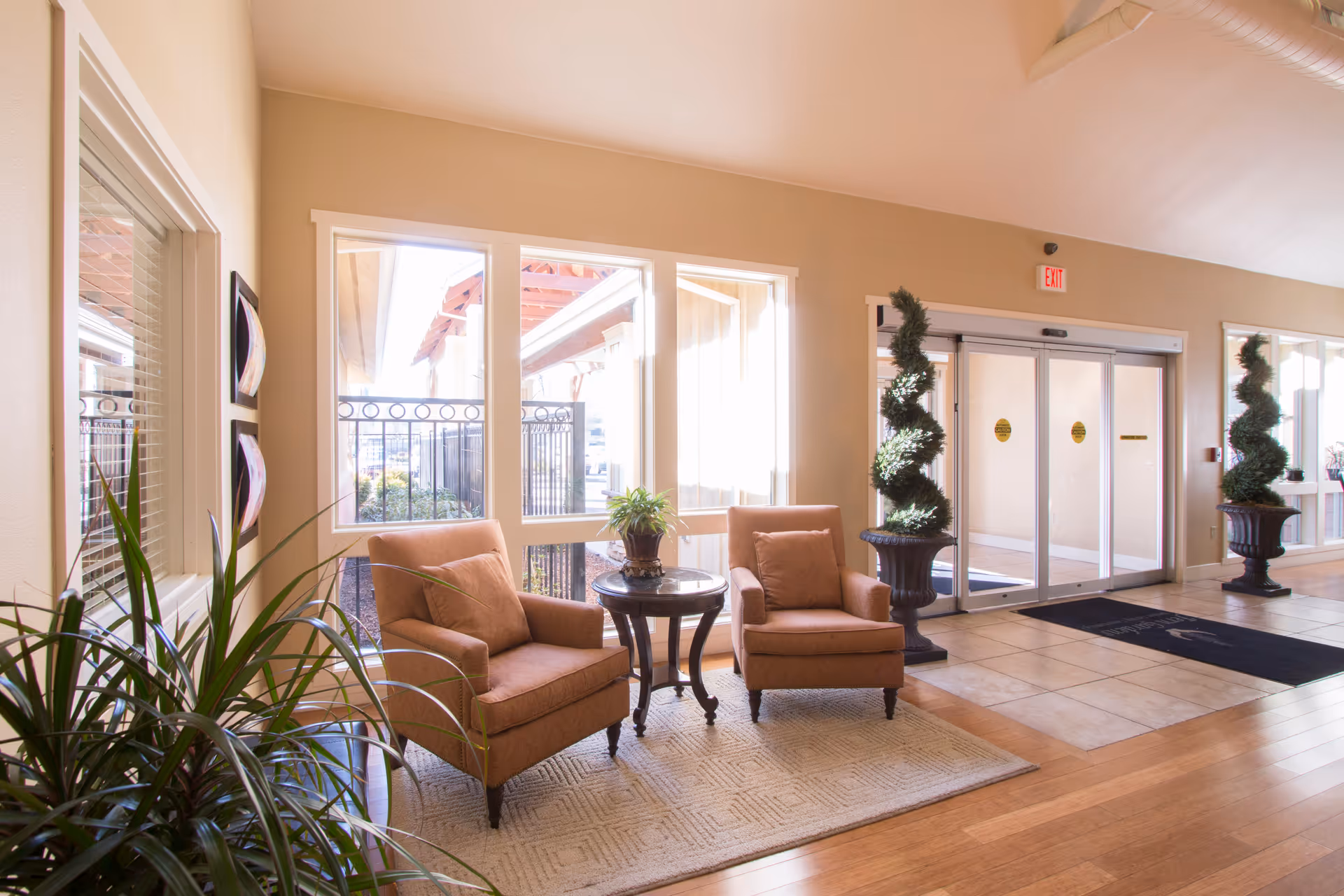 A bright and welcoming lobby area with two brown armchairs and a small round table with a plant between them. Large windows let in natural light, and there are two tall spiral topiary plants in black urns near automatic sliding glass doors. The floor is a combination of wood and tile, and there is a beige rug under the chairs.