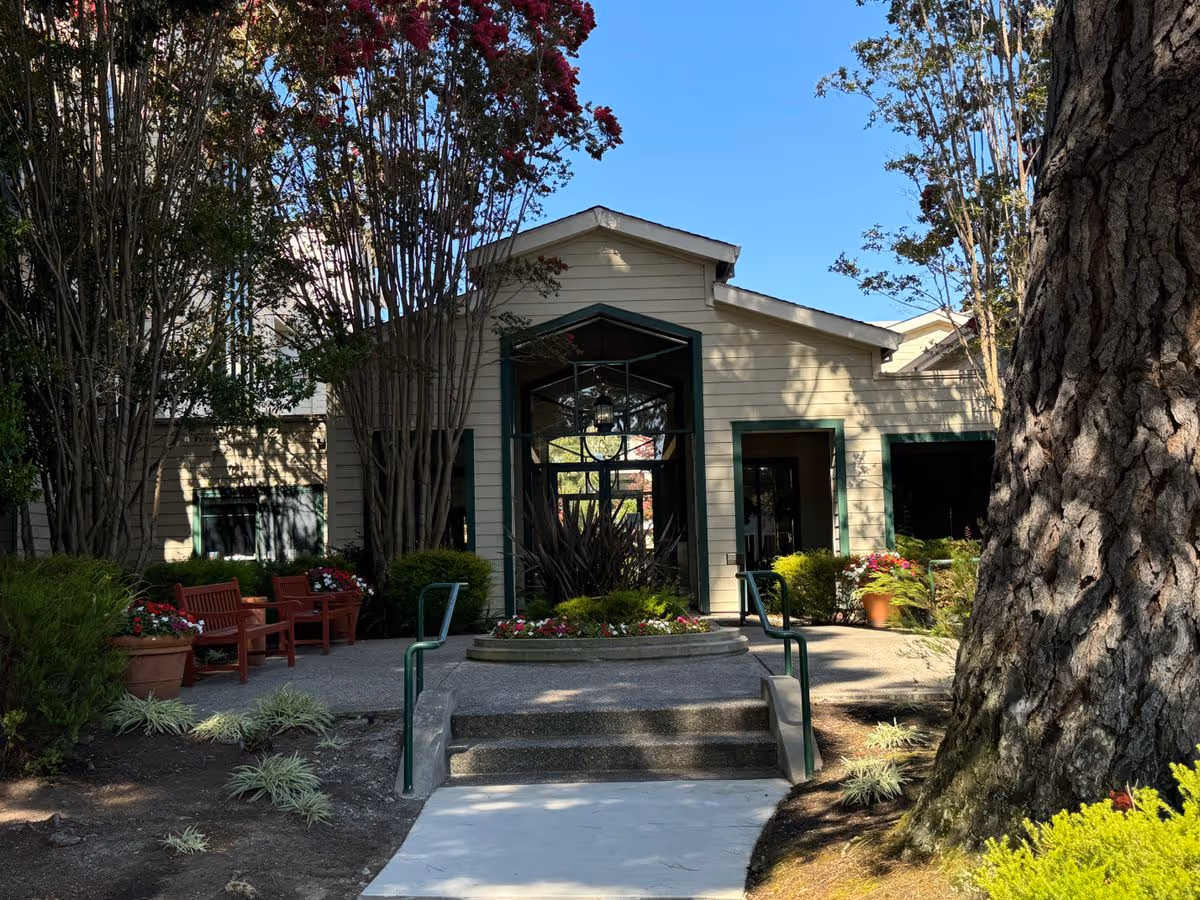Front entrance of a light-colored building with steps, planters, outdoor benches, and surrounding trees.