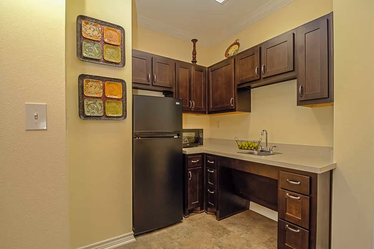 A small kitchen area with dark wooden cabinets, a black refrigerator, a microwave on the countertop, a sink with a faucet, and a decorative bowl of green apples. Two decorative wall hangings with colorful square patterns are mounted on the left wall.