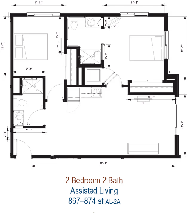 Architectural floor plan of a 2 bedroom, 2 bathroom assisted living apartment with dimensions and layout details including bedrooms, bathrooms, kitchen area, and living space.