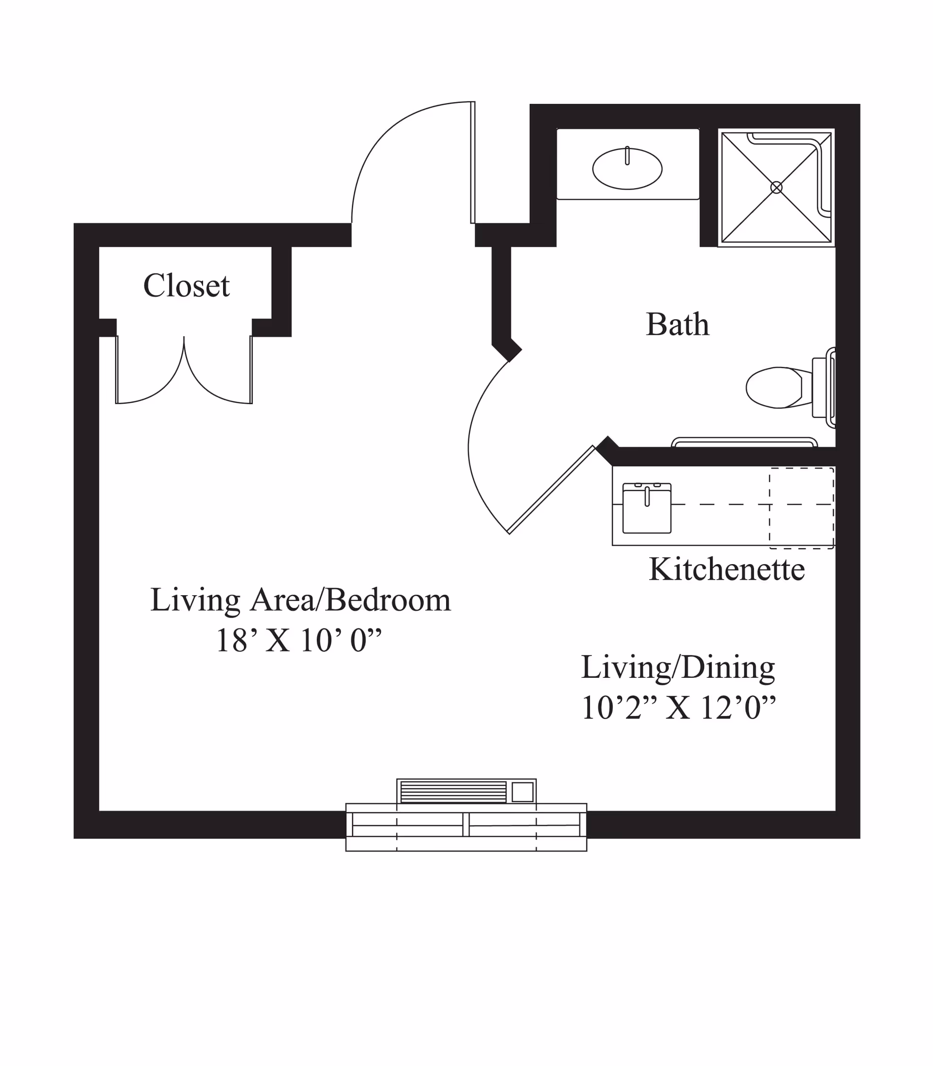 Floor plan of a studio apartment at Sage Harbor at Baywinde showing a living area/bedroom measuring 18 feet by 10 feet, a closet, a bathroom with a sink, shower, and toilet, and a kitchenette adjacent to a living/dining area measuring 10 feet 2 inches by 12 feet.