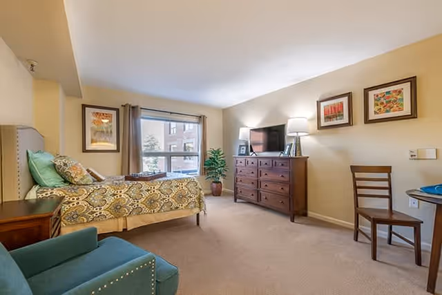 A well-lit bedroom in a senior living facility featuring a bed with patterned bedding and pillows, a wooden dresser with a TV and lamp on top, a wooden chair, a small table with a blue plate, a green upholstered armchair, framed artwork on the walls, a potted plant near the window, and beige carpeted flooring.