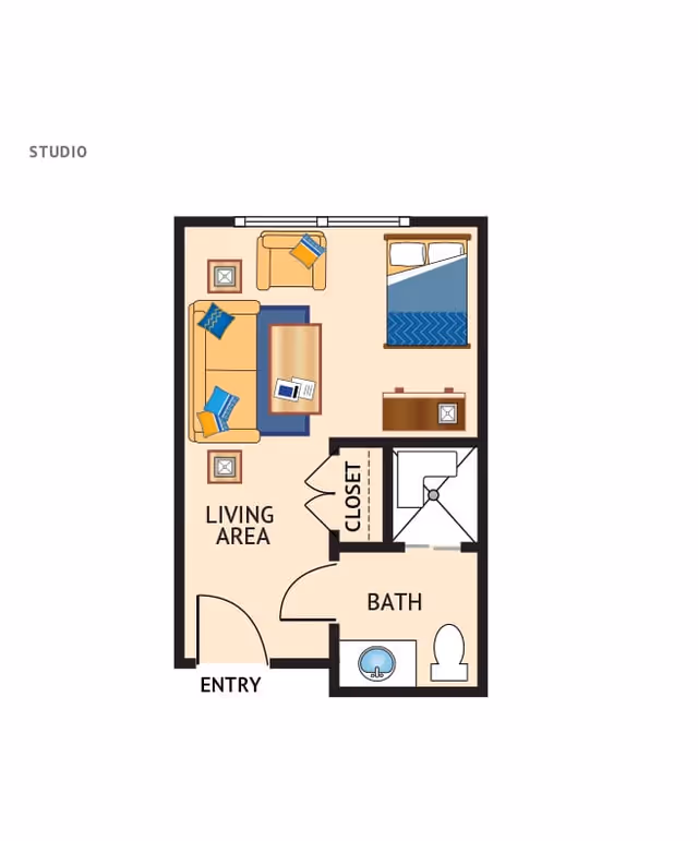 Floor plan of a studio apartment showing an entry leading to a living area with a sofa, armchair, coffee table, and side tables. The living area also contains a bed and a dresser. There is a closet adjacent to a bathroom that includes a sink, toilet, and shower.