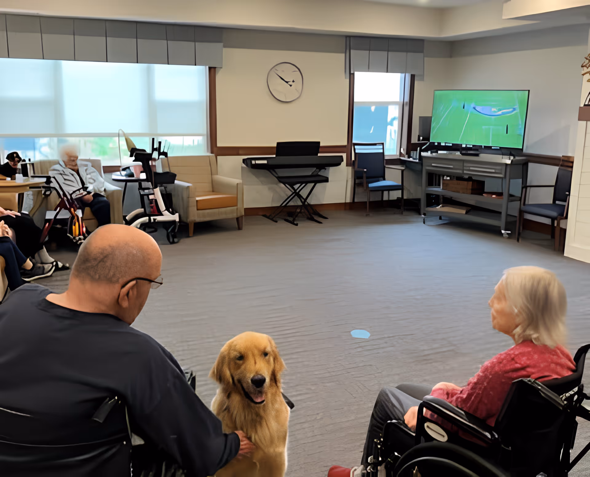 A common area in a senior living facility with elderly residents seated, some in wheelchairs. A golden retriever dog is present in the center. The room has large windows with blinds, a wall clock, a keyboard on a stand, and a television showing a golf game. Chairs and tables are arranged around the room.