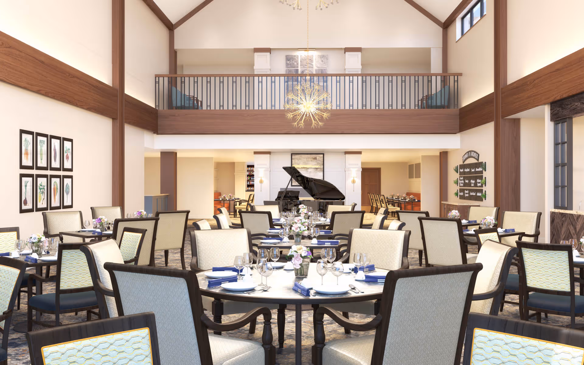 Spacious two-story dining room with round tables set for service, a grand piano, and an upper balcony.