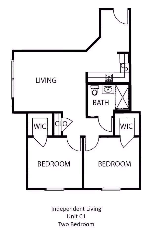 Floor plan layout of an independent living two-bedroom unit labeled Unit C1 at The Waterford at Ironbridge, showing two bedrooms each with walk-in closets, a living area, a bathroom, and a kitchen area.