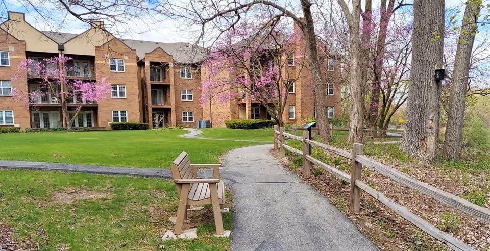 A paved walking path in a green outdoor area with a wooden bench on the left side and a wooden fence on the right. There are several large trees with some blooming pink flowers and a multi-story brick building in the background under a partly cloudy sky.
