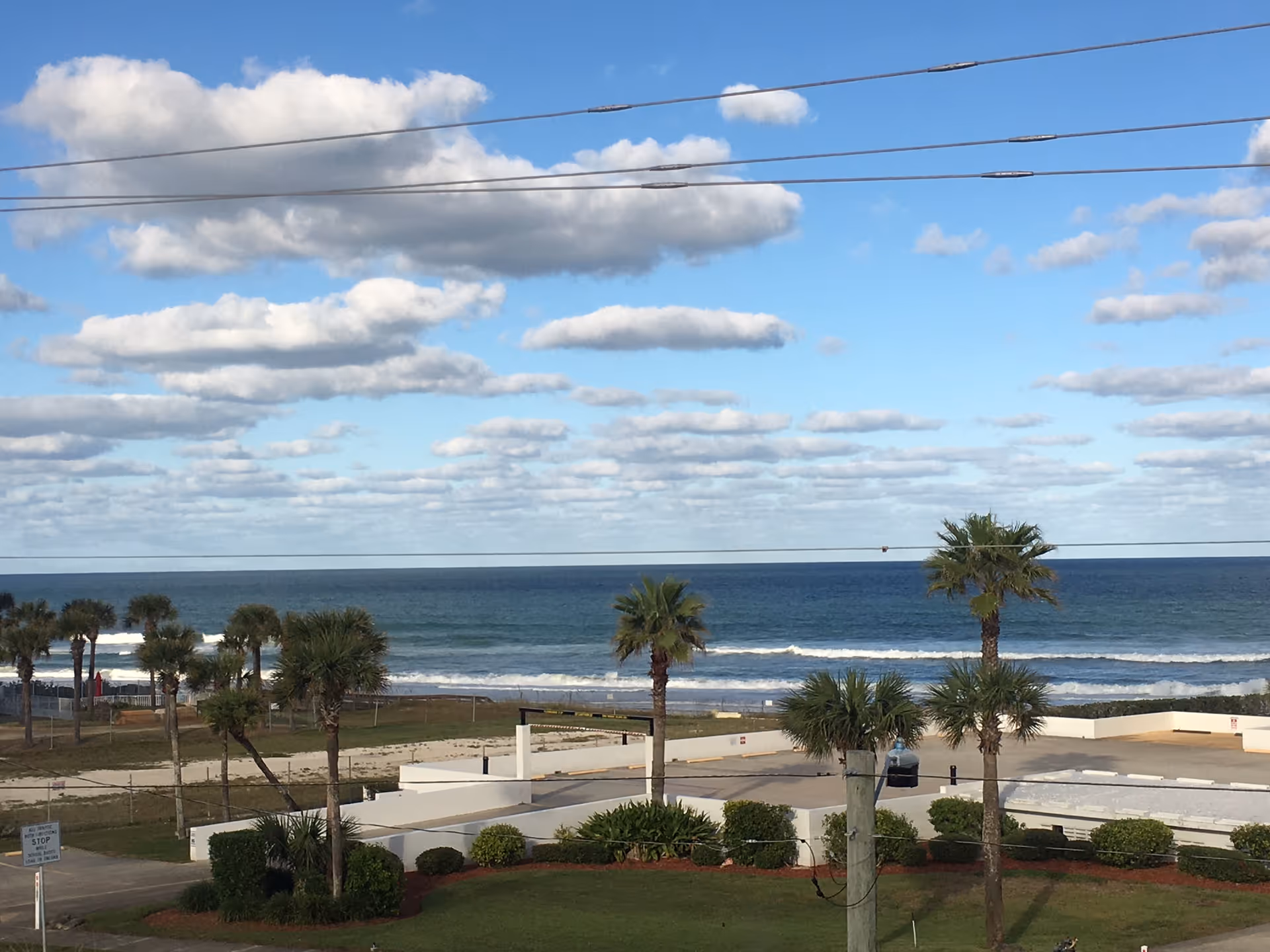 Oceanfront view with palm trees and blue sky at Seaside Manor outdoor area.
