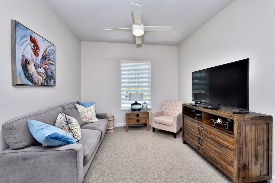 A cozy living room with a gray sofa adorned with colorful pillows, a beige armchair, a wooden TV stand with a large flat-screen television, a small wooden side table with a lamp, a ceiling fan, and a painting of a rooster on the wall.