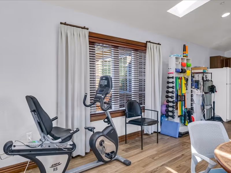 A bright room with exercise equipment including a recumbent stationary bike and a rack holding various fitness accessories such as dumbbells, resistance bands, and foam rollers. There are chairs around the room, wooden blinds on the window, and a skylight in the ceiling.