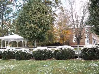 Exterior view shows a gazebo, trees, trimmed bushes, and a pond beside the building.
