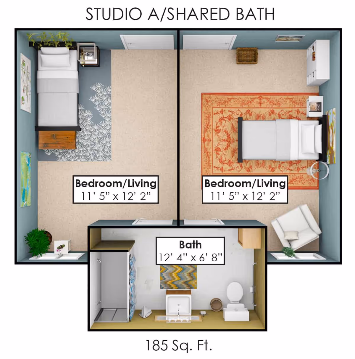 Floor plan of a studio apartment with shared bath, showing two separate bedroom/living areas each measuring 11'5" x 12'2", and a shared bathroom measuring 12'4" x 6'8". The layout includes beds, rugs, chairs, and bathroom fixtures like a shower, sink, and toilet. Total area is 185 square feet.