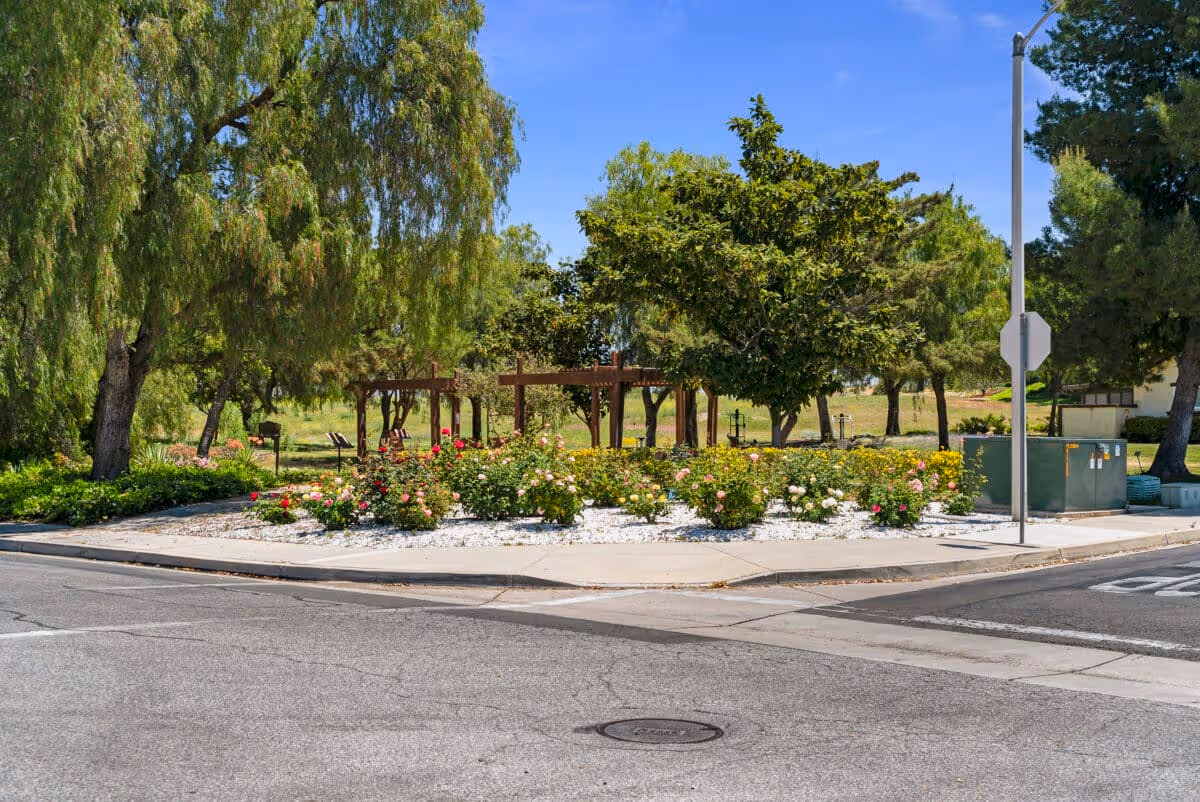 A landscaped outdoor area at Westmont of Riverside featuring a flower bed with various blooming flowers, surrounded by trees and greenery under a clear blue sky. There is a sidewalk and street in the foreground with a streetlight and utility boxes visible on the right side.