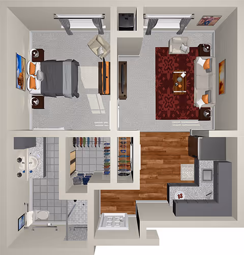 Top-down rendered floor plan of a one-bedroom senior living apartment showing a bedroom, living room, kitchen, bathroom, and walk-in closet.