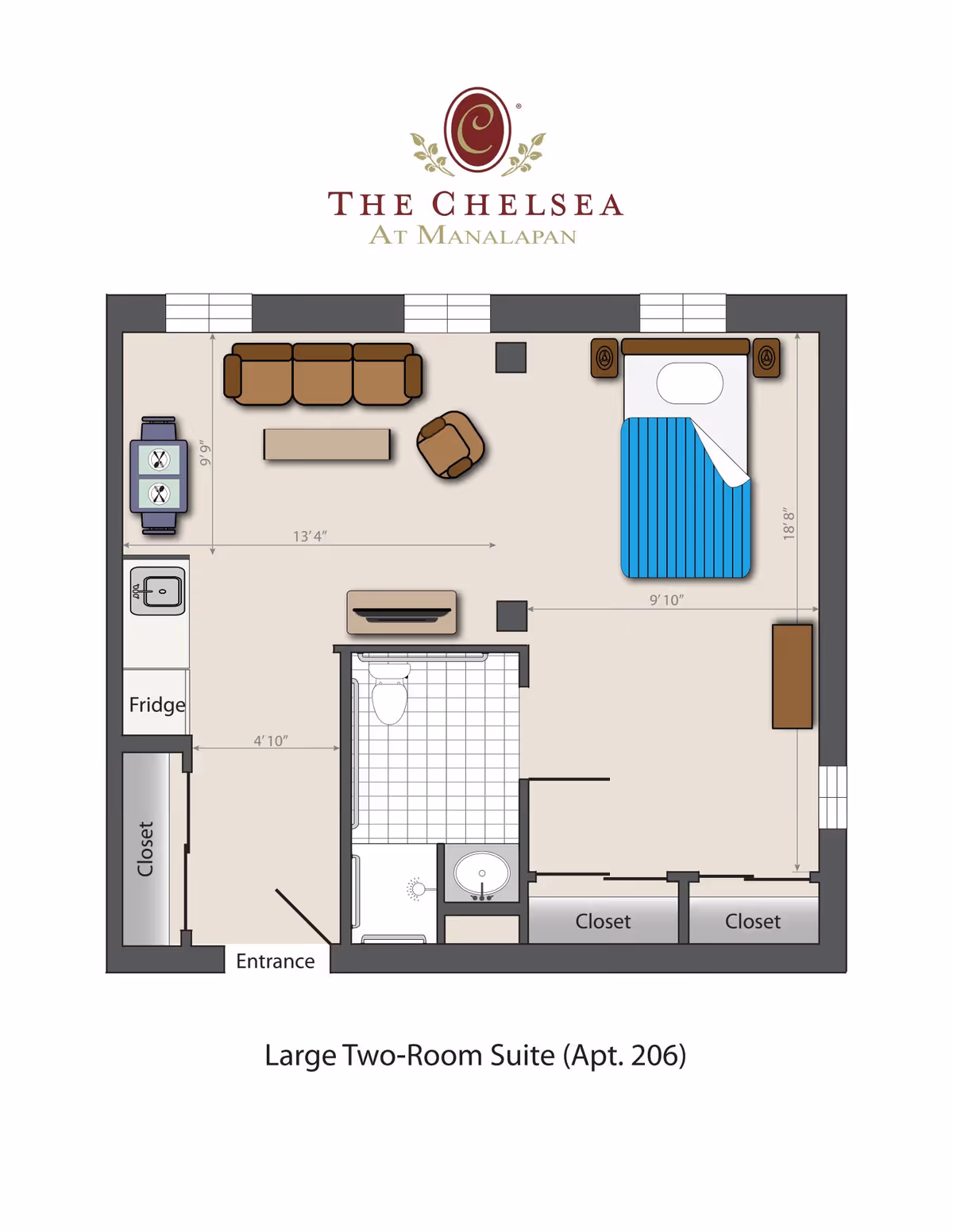 Floor plan of a large two-room suite (Apt. 206) at The Chelsea at Manalapan, showing a living area with sofa, chair, coffee table, dining table with two chairs, kitchen area with fridge and sink, bathroom with shower, toilet, and sink, bedroom with a bed, two nightstands, dresser, and two closets.