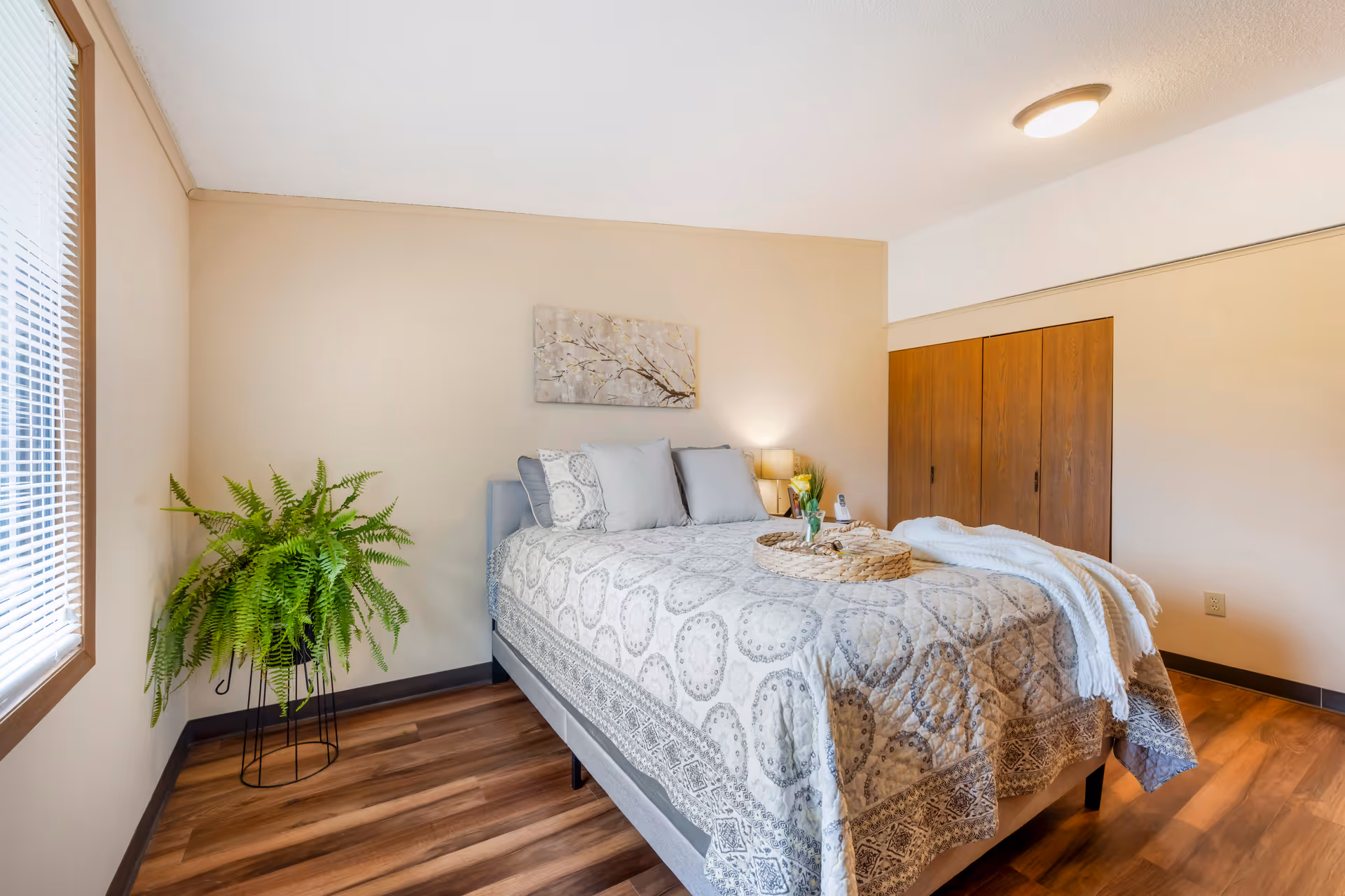 A bright bedroom with a large window on the left, a bed with patterned bedding and pillows, a small bedside table with a lamp and flowers, a large green potted plant on a stand near the window, wooden floor, and a closed wooden closet on the right wall.