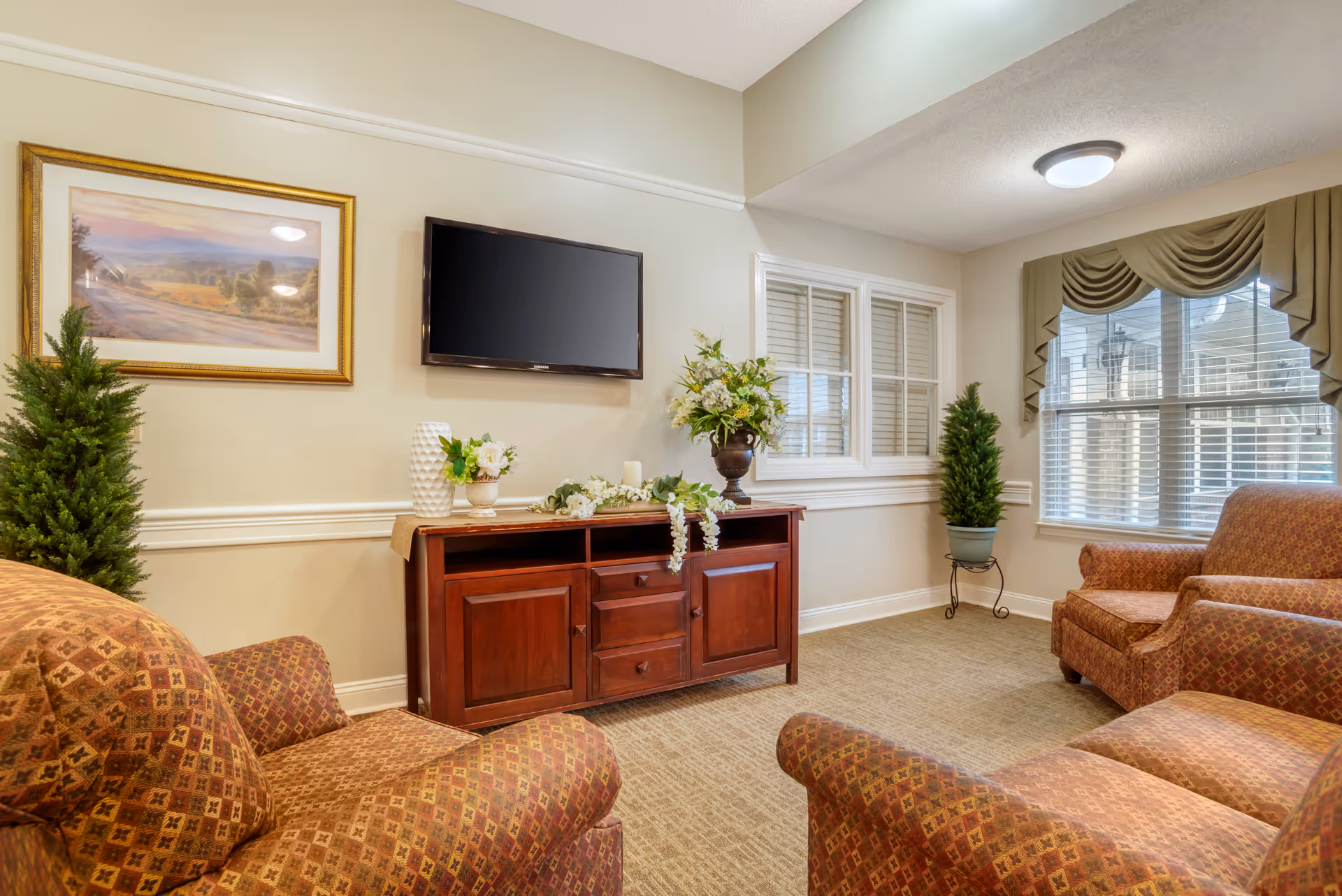 Cozy sitting area with patterned armchairs, a wooden TV console, wall-mounted flat-screen TV, and decorative plants by a window.