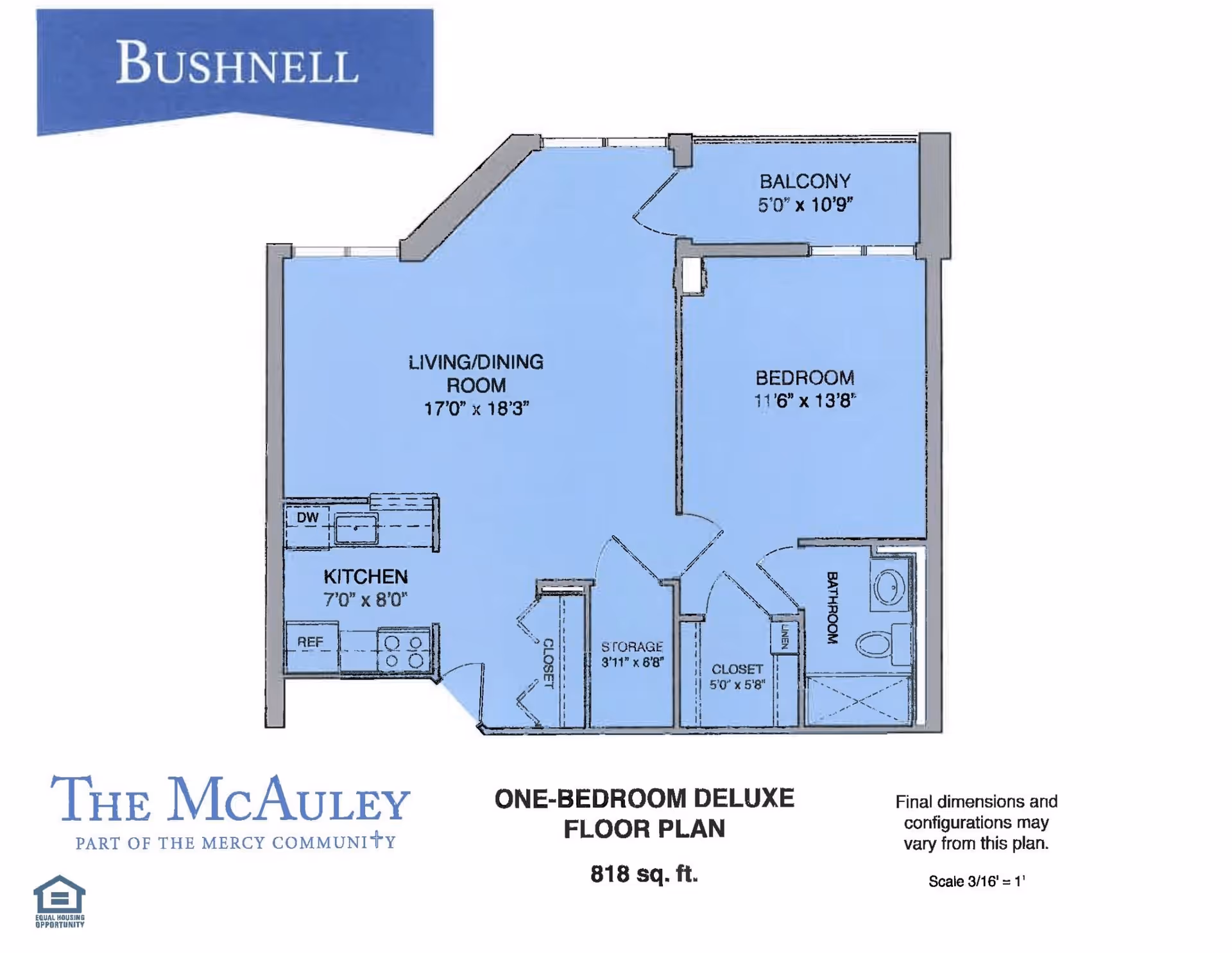 Floor plan of a one-bedroom deluxe apartment named Bushnell at The McAuley, showing a living/dining room, kitchen, bedroom, bathroom, balcony, storage, and closets with dimensions.