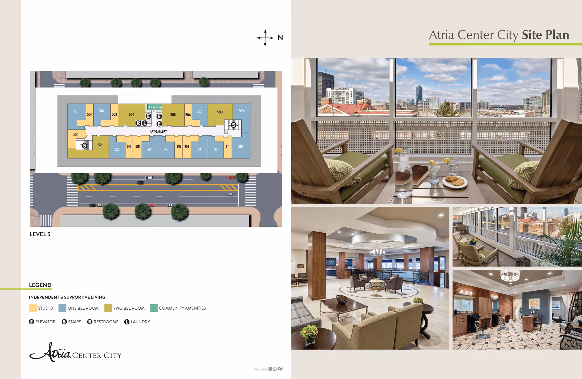 Atria Center City site plan showing the layout of level 5 with studio, one bedroom, two bedroom units, and community amenities. The right side features four photos: a balcony with two wooden chairs and a table set with water and cookies overlooking the city, a spacious lounge area with seating and a chandelier, a balcony view with plants, and a cozy room with a fireplace and seating.