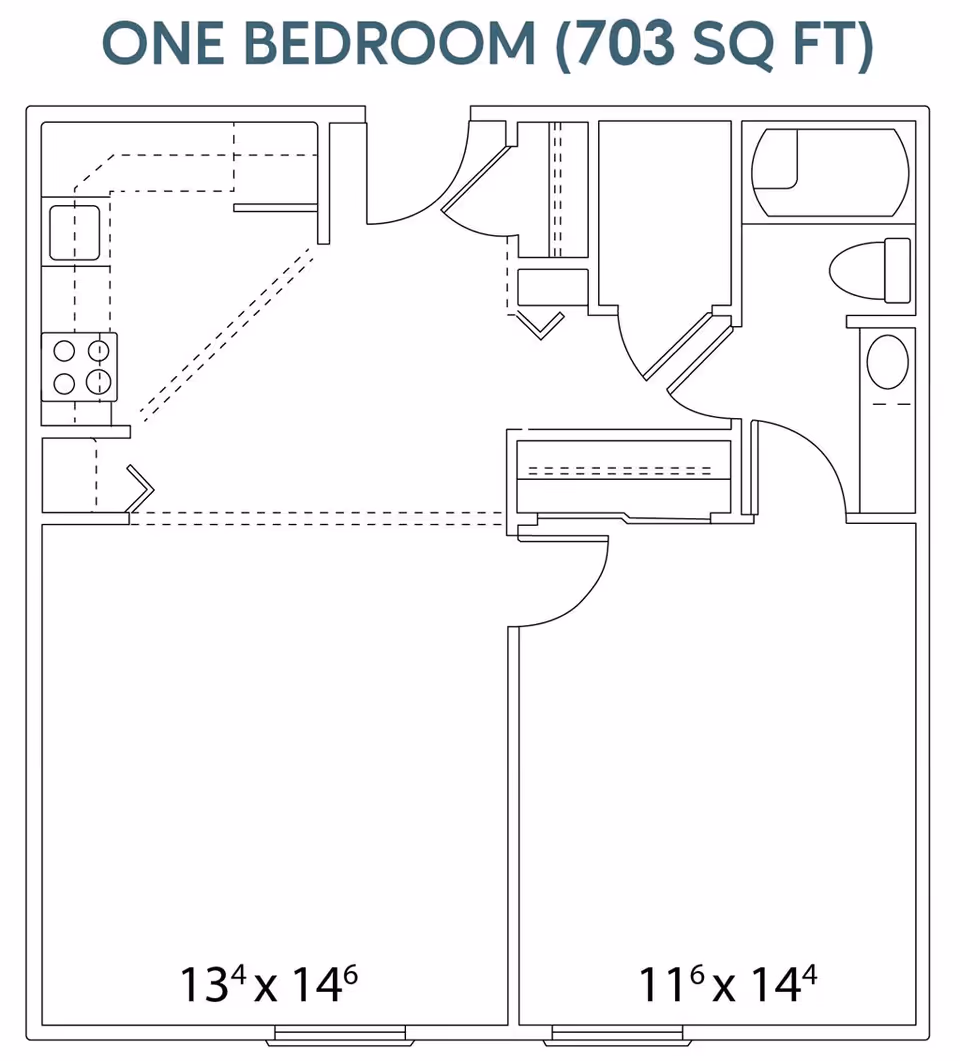 Architectural floor plan of a one-bedroom apartment with a total area of 703 square feet, showing a kitchen, living area, bedroom, bathroom, and closets with dimensions labeled.