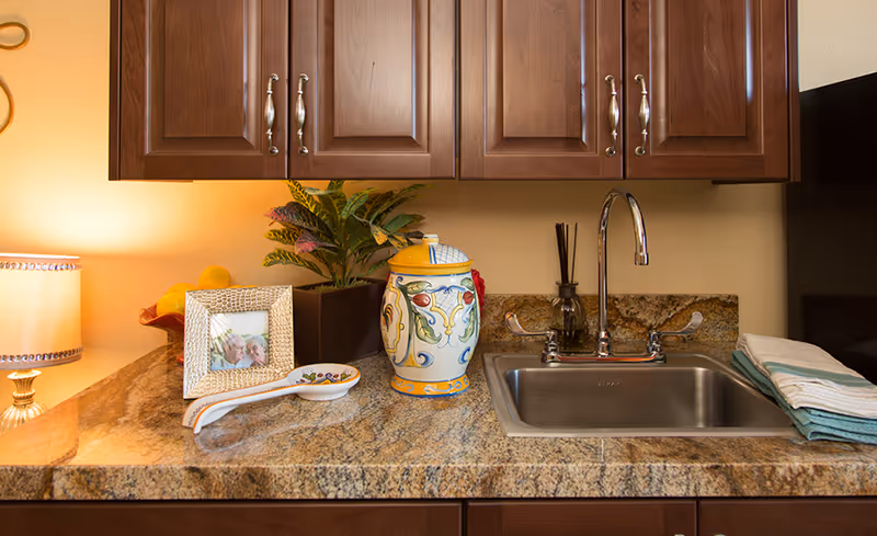 A kitchen countertop with a stainless steel sink and faucet, decorative jar and plant, framed photo, and wooden cabinets overhead.