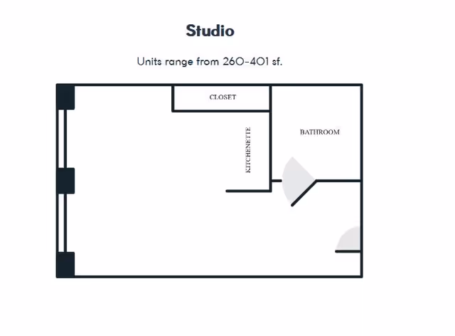 Floor plan diagram of a studio apartment showing a kitchenette, closet, bathroom, and text indicating units range from 260–401 sq ft.