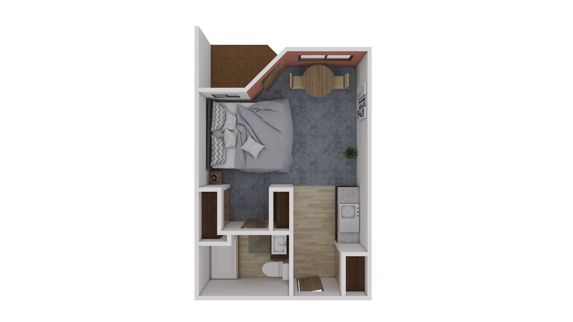 Top-down view of a senior living studio apartment floor plan featuring a bedroom area with a bed and pillows, a small dining area with a round table and two chairs, a kitchenette with a sink and countertop, and a bathroom with a toilet and shower.
