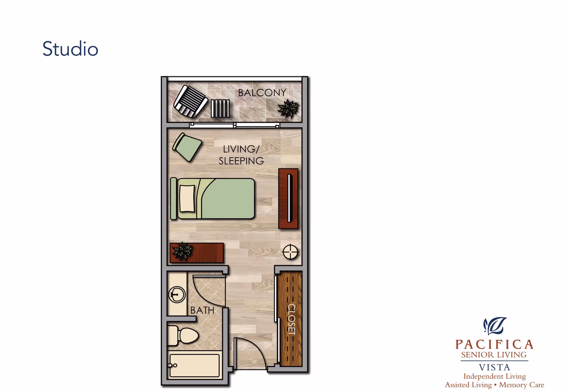 Floor plan of a studio apartment at Rancho Vista Senior Living showing a living/sleeping area with a bed, chair, and TV stand, a balcony with a chair and table, a bathroom with a sink, toilet, and bathtub, and a closet near the entrance.