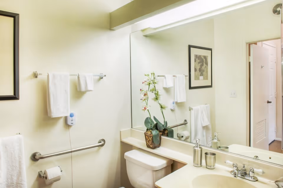 A clean and well-lit bathroom with a large mirror above the sink and toilet. There are white towels hanging on towel racks, a decorative plant on the counter, and a framed picture on the wall. The bathroom has a grab bar next to the toilet and a call button on the wall.
