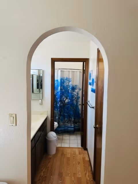 View through an arched doorway into a bathroom with wooden cabinets and a white countertop on the left, a trash can on the floor, and a shower curtain featuring a blue tree design in the background. The bathroom has tiled flooring and wooden doors.