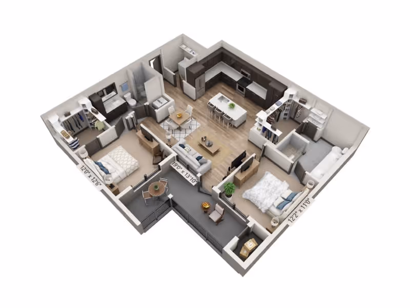 3D floor plan of a two-bedroom apartment featuring a kitchen with an island and bar stools, a living room with a sofa and TV, two bedrooms each with a bed and closet, two bathrooms, and a balcony with outdoor seating.