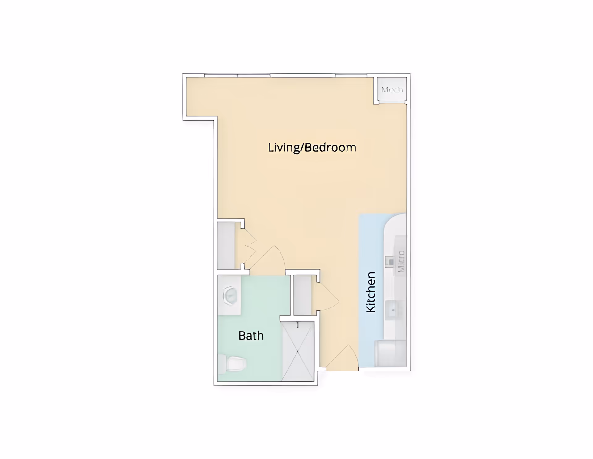 Floor plan of a small living space at Stroudwater Lodge showing a combined living and bedroom area, a kitchen, and a bathroom. The living/bedroom area is the largest space, with the kitchen along one side and the bathroom located adjacent to the entrance.