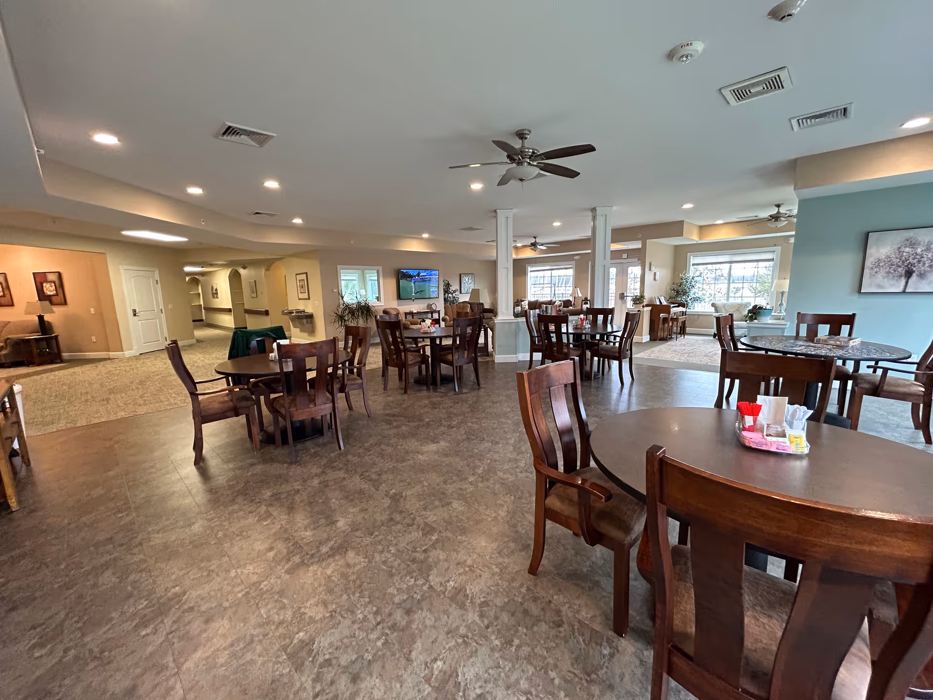 Spacious dining area with multiple round wooden tables and chairs arranged neatly. The room has a mix of carpet and tile flooring, ceiling fans, recessed lighting, and large windows letting in natural light. There is a television mounted on the wall and some plants and artwork decorating the space.