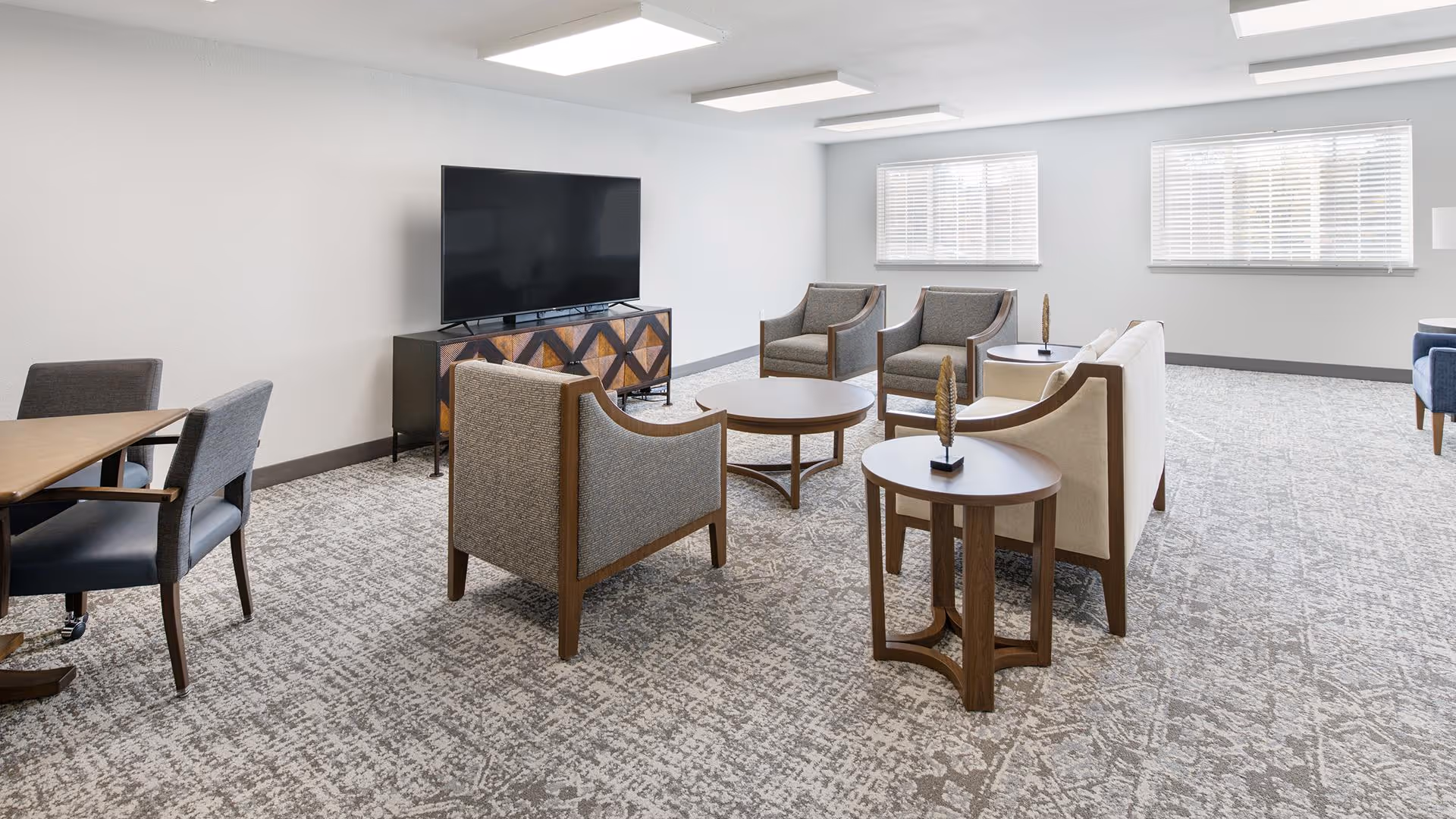 A bright and spacious living room with modern furniture including armchairs, sofas, round coffee tables, and a large flat-screen TV on a wooden console. The room has light-colored walls, large windows with blinds, and patterned carpet flooring.