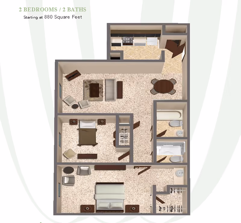 Rendered floor plan of a two-bedroom, two-bath apartment showing a living room, dining area, kitchen, bedrooms, bathrooms, and closets.