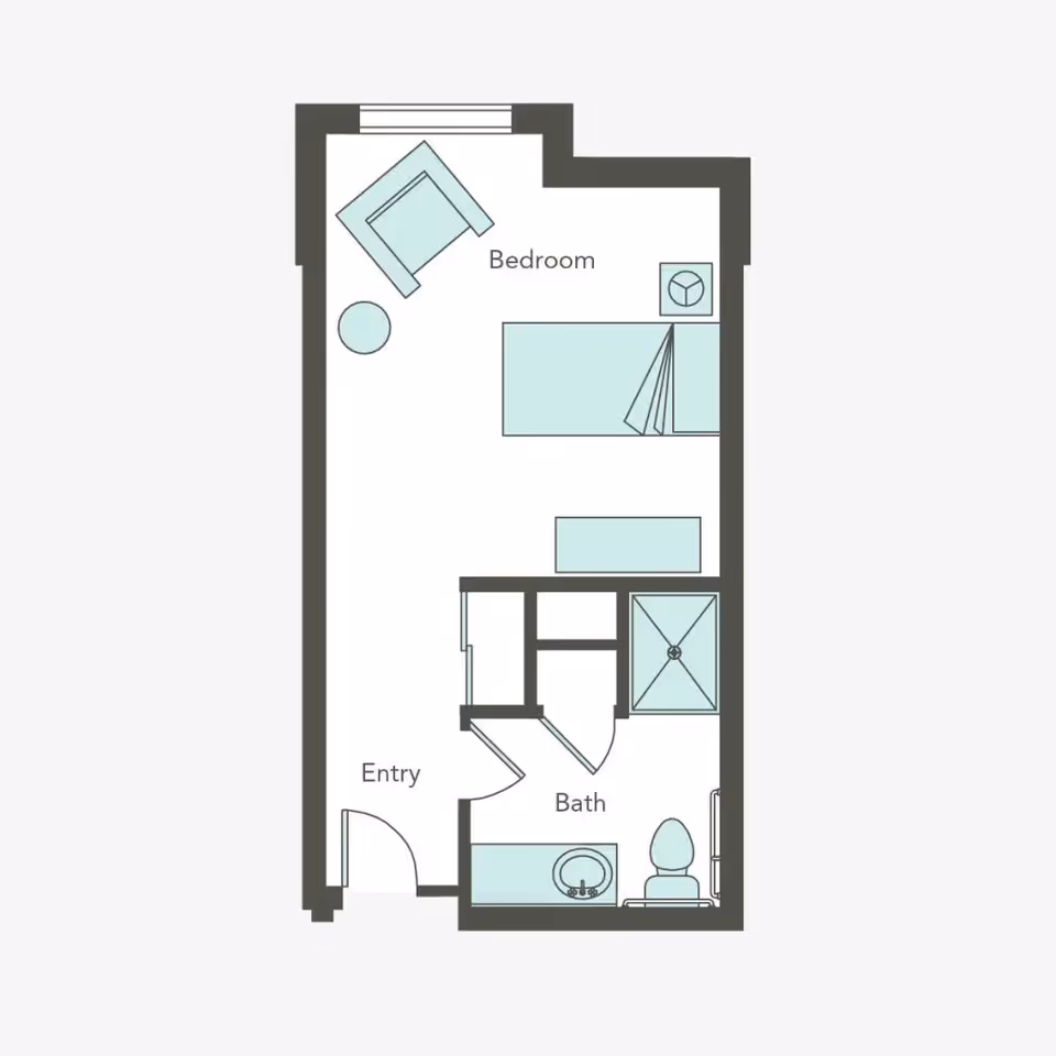 Floor plan of a small living space showing an entry area, a bathroom with a sink, toilet, and shower, and a bedroom with a bed, armchair, side table, and dresser.