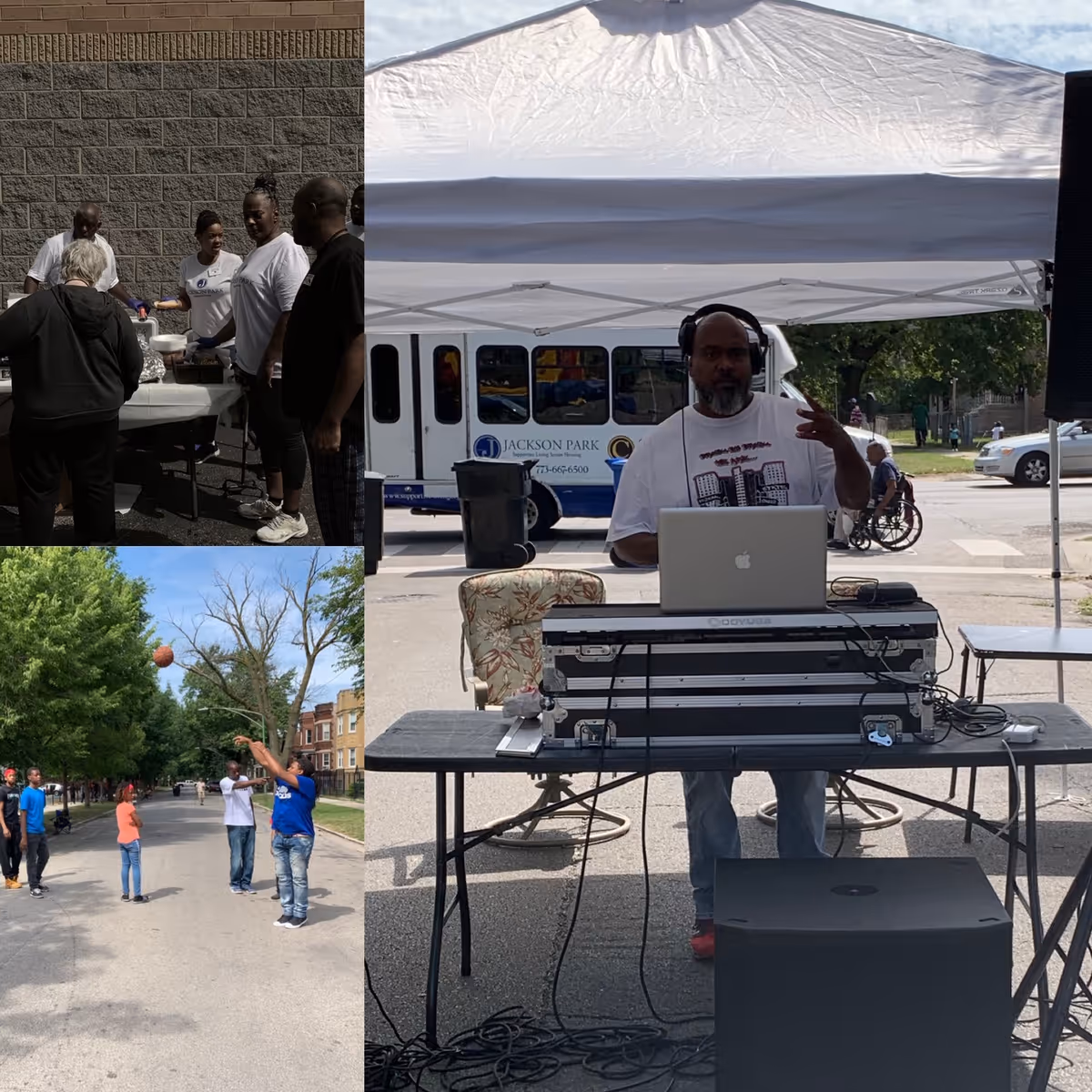 A collage of three images showing an outdoor community event. The top left image shows people gathered around a table with food, serving and socializing. The bottom left image shows children and adults playing basketball on a street lined with trees and houses. The right image shows a man wearing headphones standing behind a DJ setup under a white canopy tent, with a bus and cars in the background.