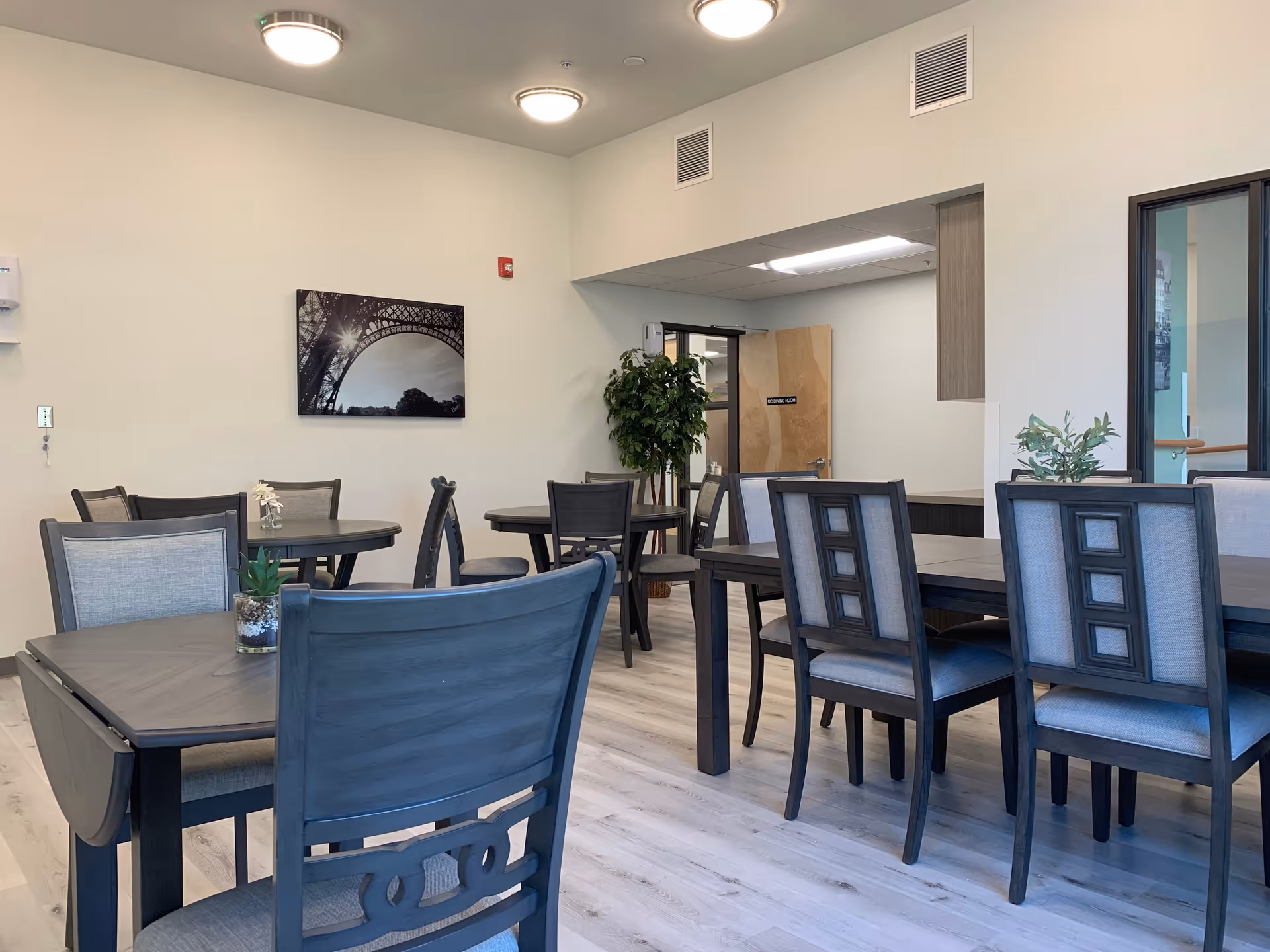 Bright communal dining room with dark wooden tables and chairs, potted plants, and wall art on a light-colored wall.