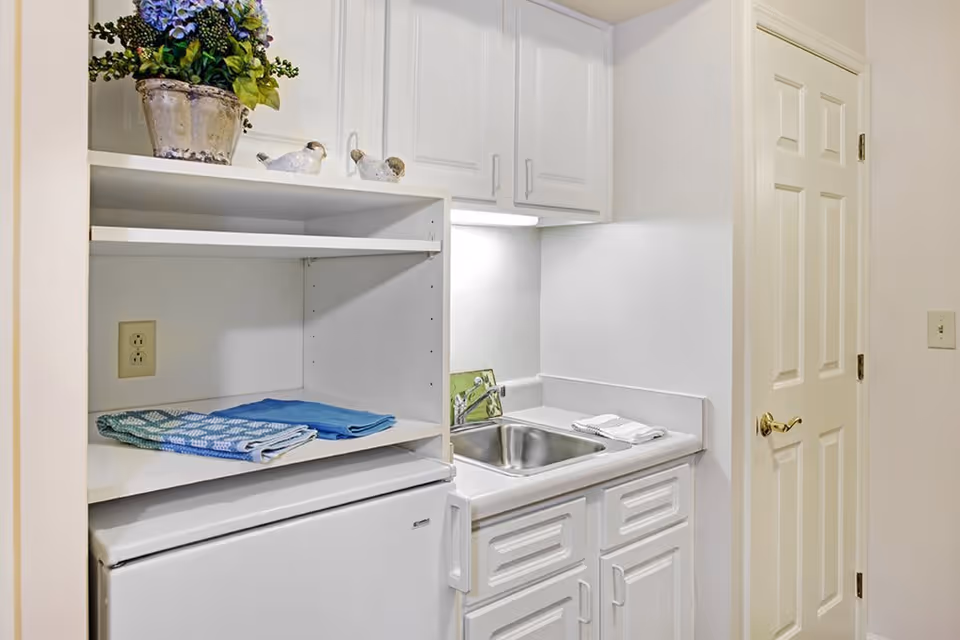 Small kitchenette area with white cabinets, a stainless steel sink, a mini refrigerator, and shelves holding folded towels and decorative items including a potted plant and ceramic birds.