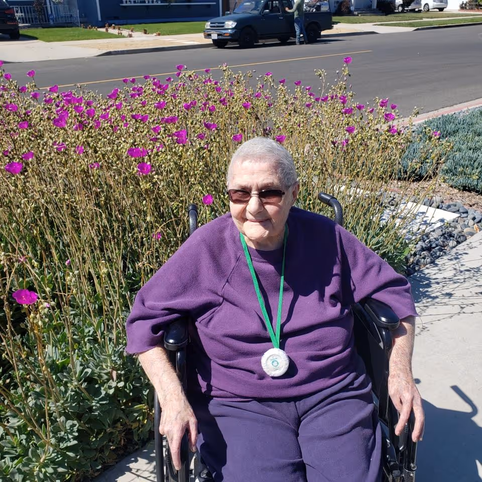 An elderly woman wearing sunglasses and a purple outfit sits in a wheelchair outdoors on a sunny day. Behind her is a garden with tall plants featuring small purple flowers. A street with parked cars and houses is visible in the background.