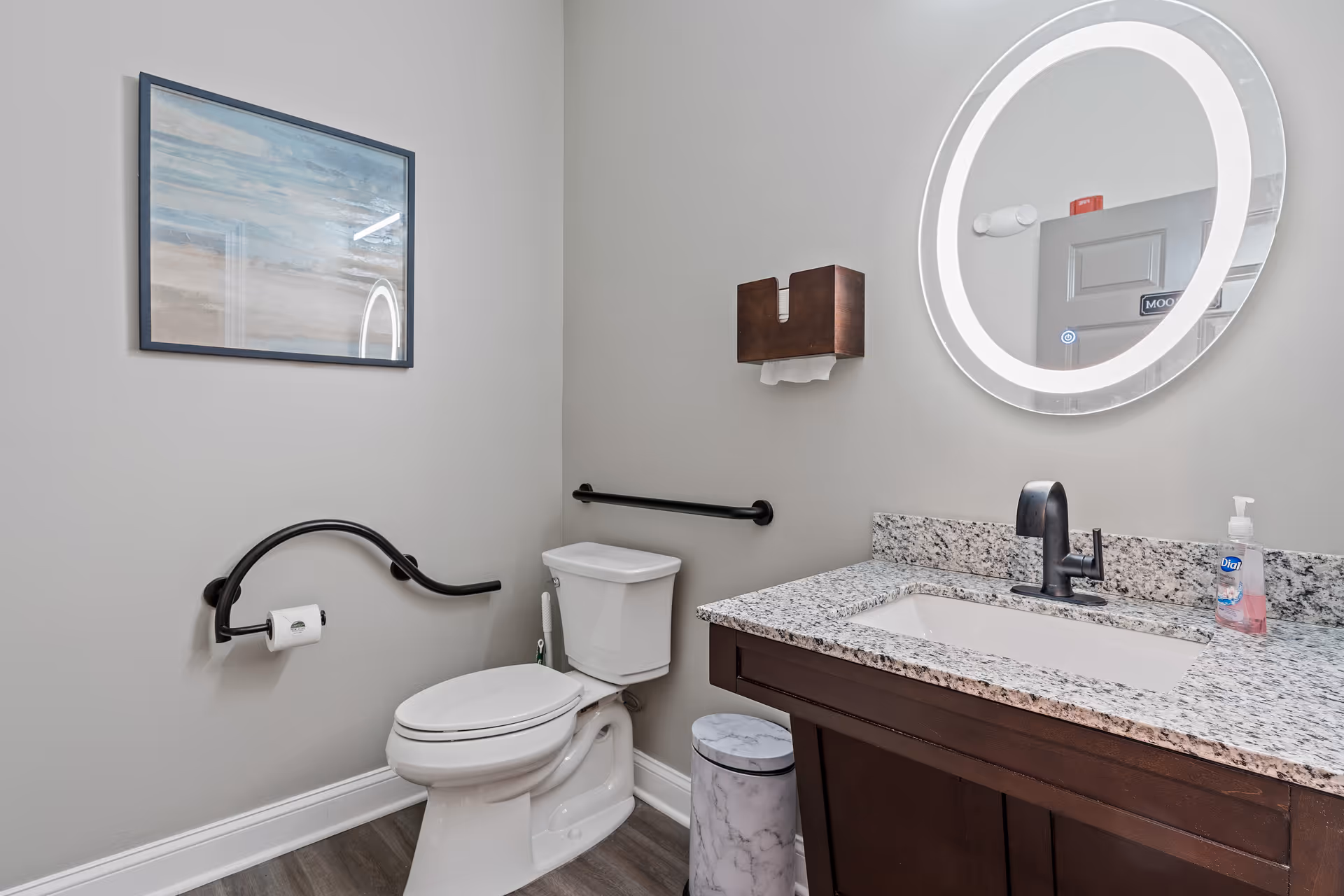 A clean and modern bathroom featuring a white toilet with black grab bars on the wall, a granite countertop with a built-in sink, a black faucet, a round illuminated mirror above the sink, a soap dispenser, a wall-mounted wooden tissue holder, a trash can with a marble pattern, and a framed beach-themed artwork on the wall.