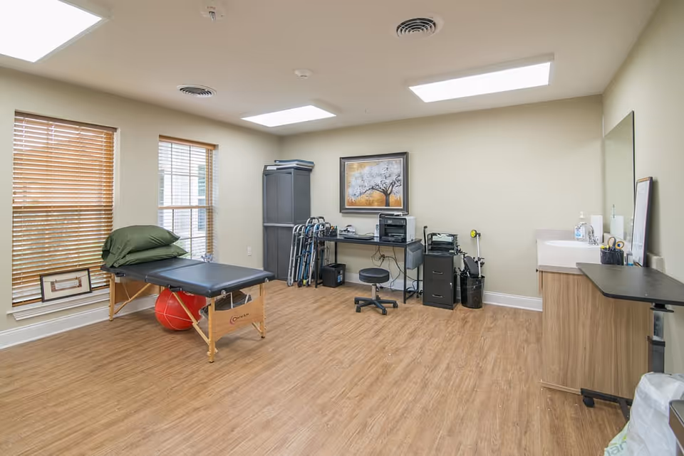 A well-lit room with wooden flooring featuring a black massage or therapy table with green pillows on it, a large red exercise ball underneath, two windows with wooden blinds, a black cabinet, several walkers, a desk with office equipment including a printer, a rolling stool, and a countertop with a sink and various supplies. A framed picture of a tree hangs on the wall.