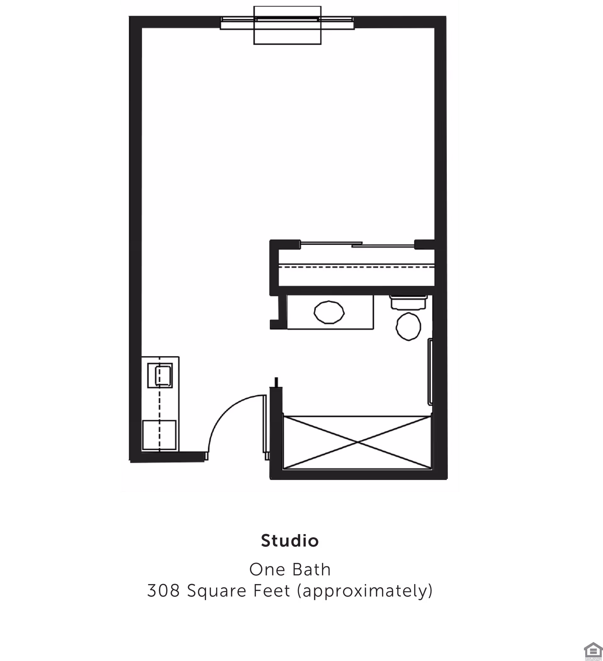 Floor plan of a studio apartment with one bathroom, approximately 308 square feet. The layout shows an entry door leading to a small kitchen area on the left, a main living/sleeping area, and a bathroom with a sink, toilet, and shower.