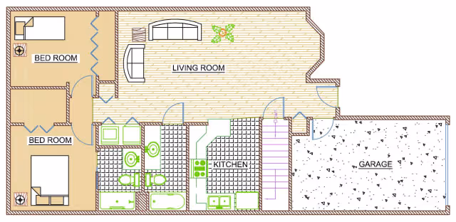 Floor plan of a residence showing two bedrooms, a living room, a kitchen, two bathrooms, and a garage. The living room is centrally located with furniture, the kitchen is adjacent to it, and the garage is on the right side. The bedrooms are on the left side of the plan.