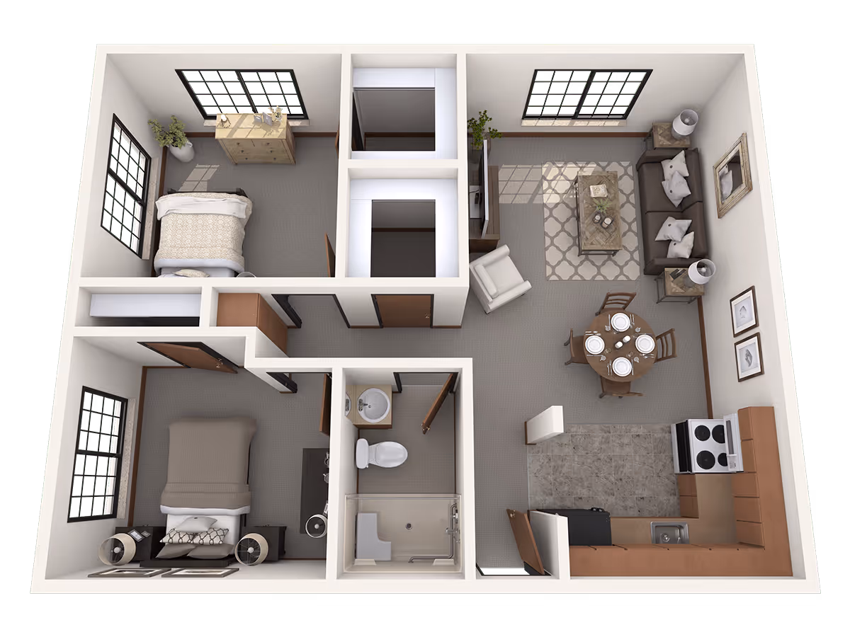 3D floor plan of a senior living apartment at Delta Retirement Center showing two bedrooms, one bathroom, a kitchen with appliances, a dining area with a round table set for four, and a living room with a sofa, armchair, coffee table, and TV. The apartment has multiple windows and neutral-colored decor.