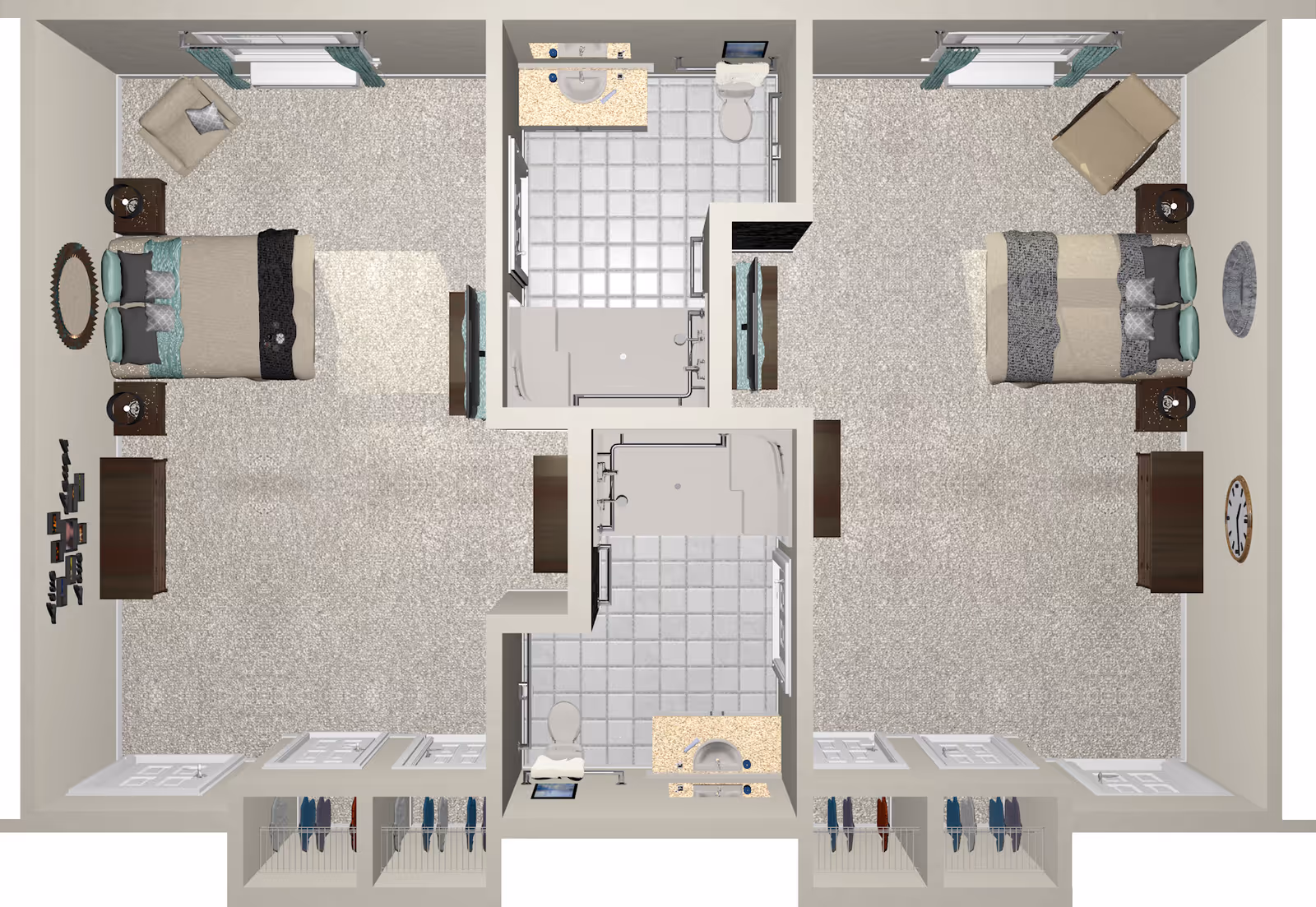 Rendered top-down floor plan of a mirrored two-bedroom layout with two central bathrooms and closets.