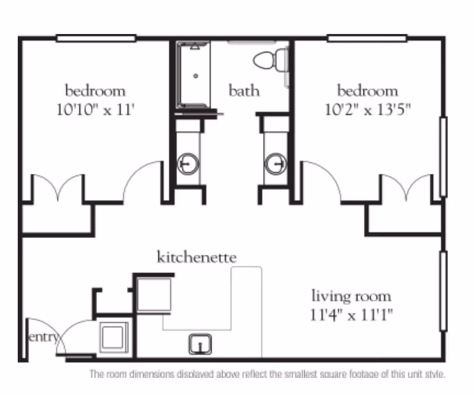 Architectural floor plan of a living unit at Tappan assisted living nursing home showing two bedrooms, a bathroom, a kitchenette, a living room, and an entry area with room dimensions labeled.